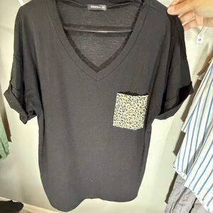 Merrell Black V-Neck Blouse with Leopard Pocket